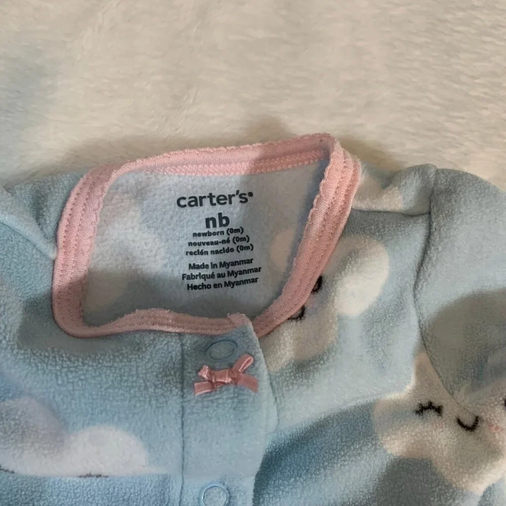 5/$25 Carter's‎ Newborn Baby Fleece Footed Sleeper Blue Smiling Clouds Pink Trim